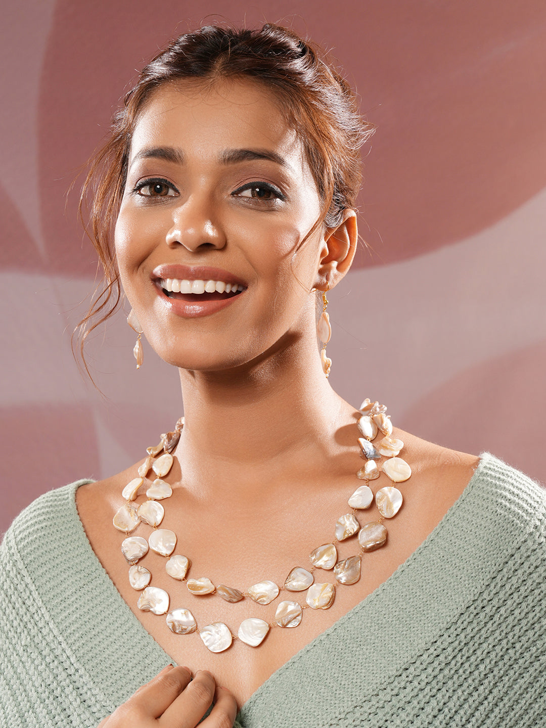 Beige Natural Stoned Beaded  Embedded Double Layered Trendy Maala Necklace jewellery Set